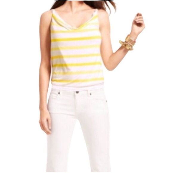 Cabi Tank Top M Yellow White Striped Sun Band Draped Cowl Neck Adjustable Straps - Picture 1 of 11